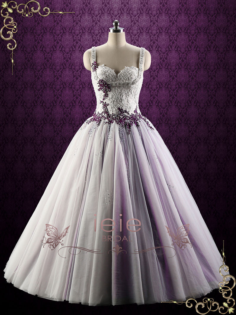White wedding dress with purple lace hotsell