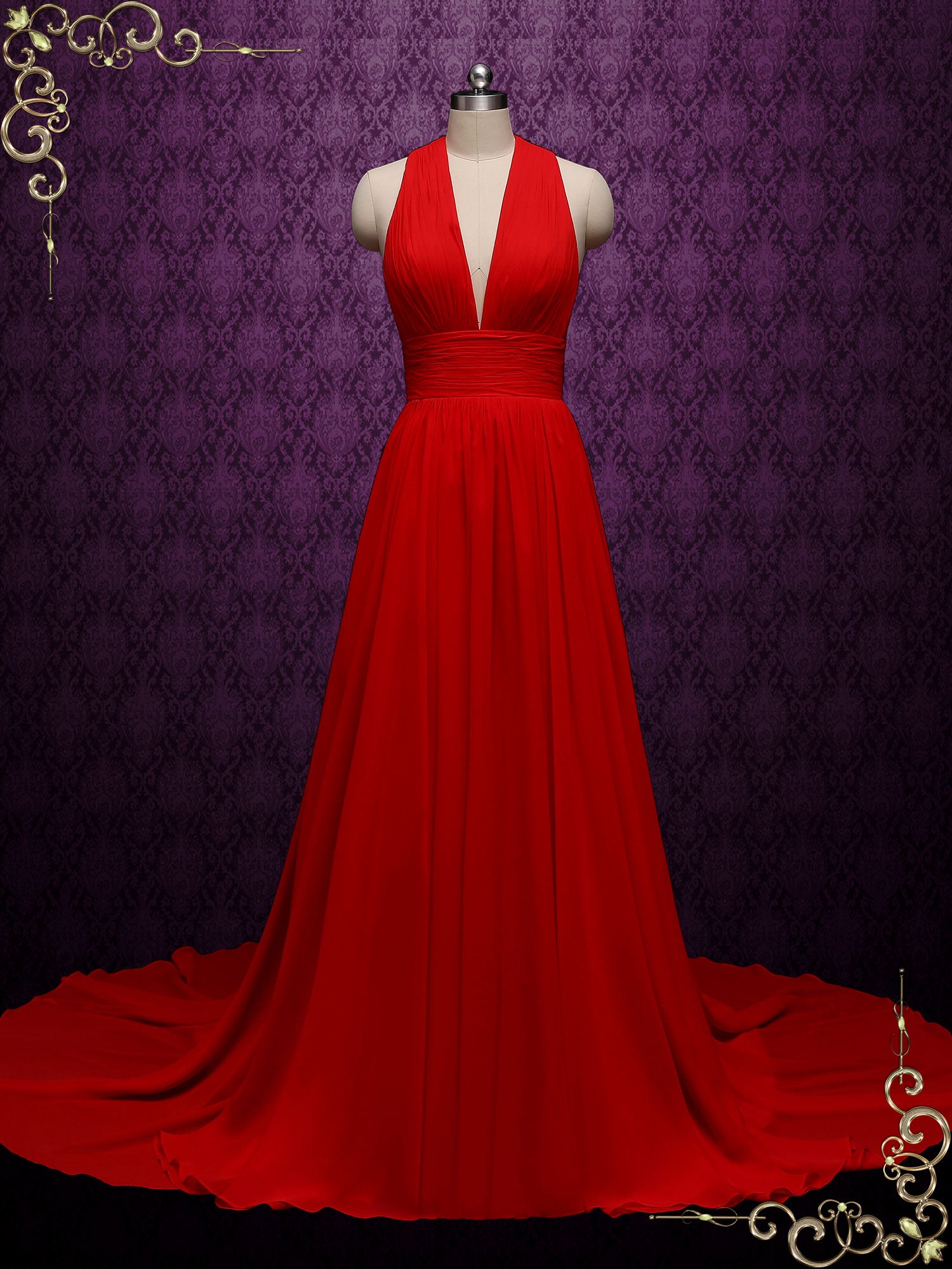 Sexy Red Chiffon Wedding Dress with Plunging Neck MOULIN Size 16 / Red