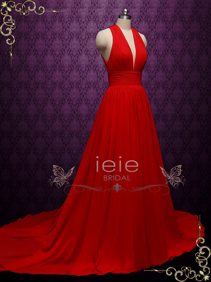 Sexy Red Chiffon Wedding Dress with Plunging Neck MOULIN