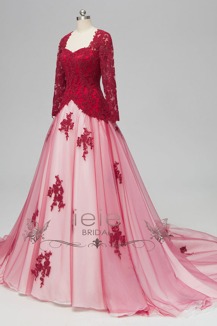 Red Lace Wedding Dress with Dropped Waist TESS
