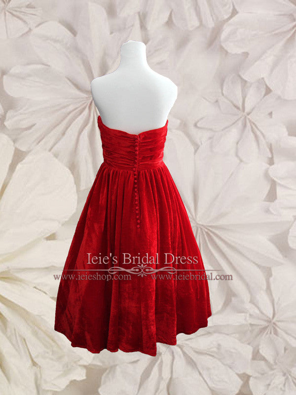 Retro Strapless Red Velvet Tea Length Prom Evening Dress