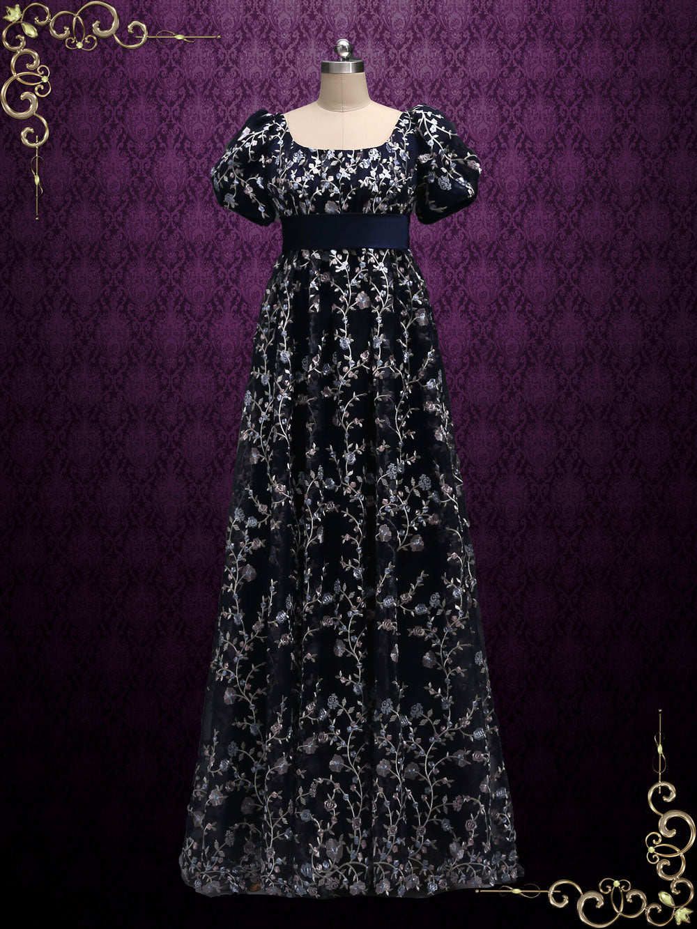 black regency dress Regency Style Empire Dress with Floral Lace ALICE Size 4 / Navy