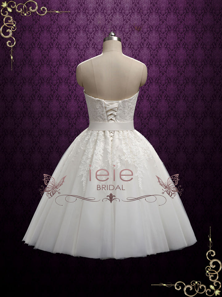 Retro Strapless Tea Length Wedding Dress with Lace | Flora Size 16 / White Retro Strapless Tea Length Wedding Dress with Lace | Flora Size 16 / White