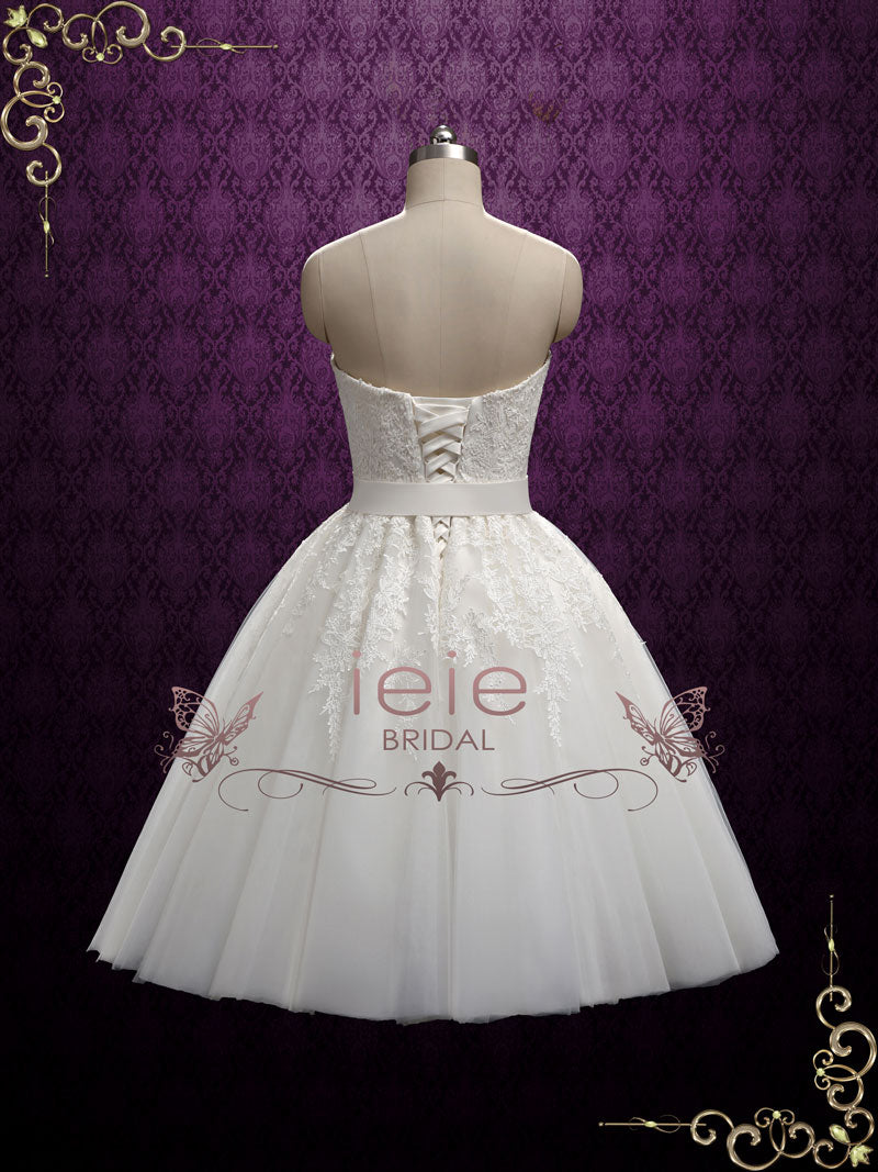 Retro Strapless Tea Length Wedding Dress with Lace | Flora