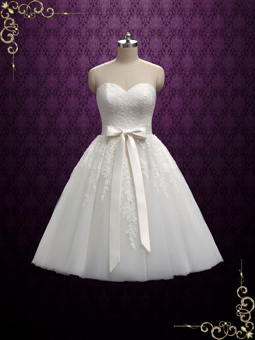 Retro Strapless Tea Length Wedding Dress with Lace | Flora