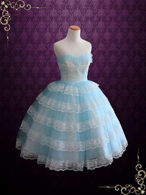 Tea Length Blue Retro 50s Prom Formal Tulle Dress with Ruffles | Maggie