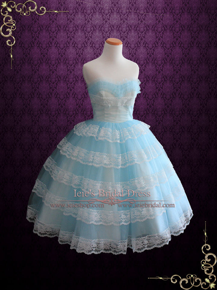 Tea Length Blue Retro 50s Prom Formal Tulle Dress with Ruffles | Maggie