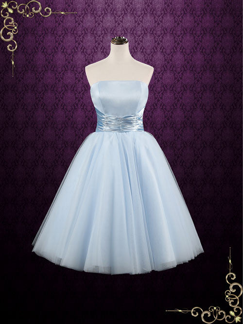Retro Blue 50s Tea Length Strapless Tulle Prom Formal Dress | Emmie