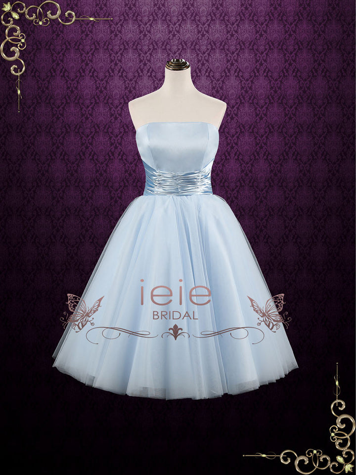 Retro Blue 50s Tea Length Strapless Tulle Prom Formal Dress | Emmie ieie Retro Blue 50s Tea Length Strapless Tulle Prom Formal Dress | Emmie ieie
