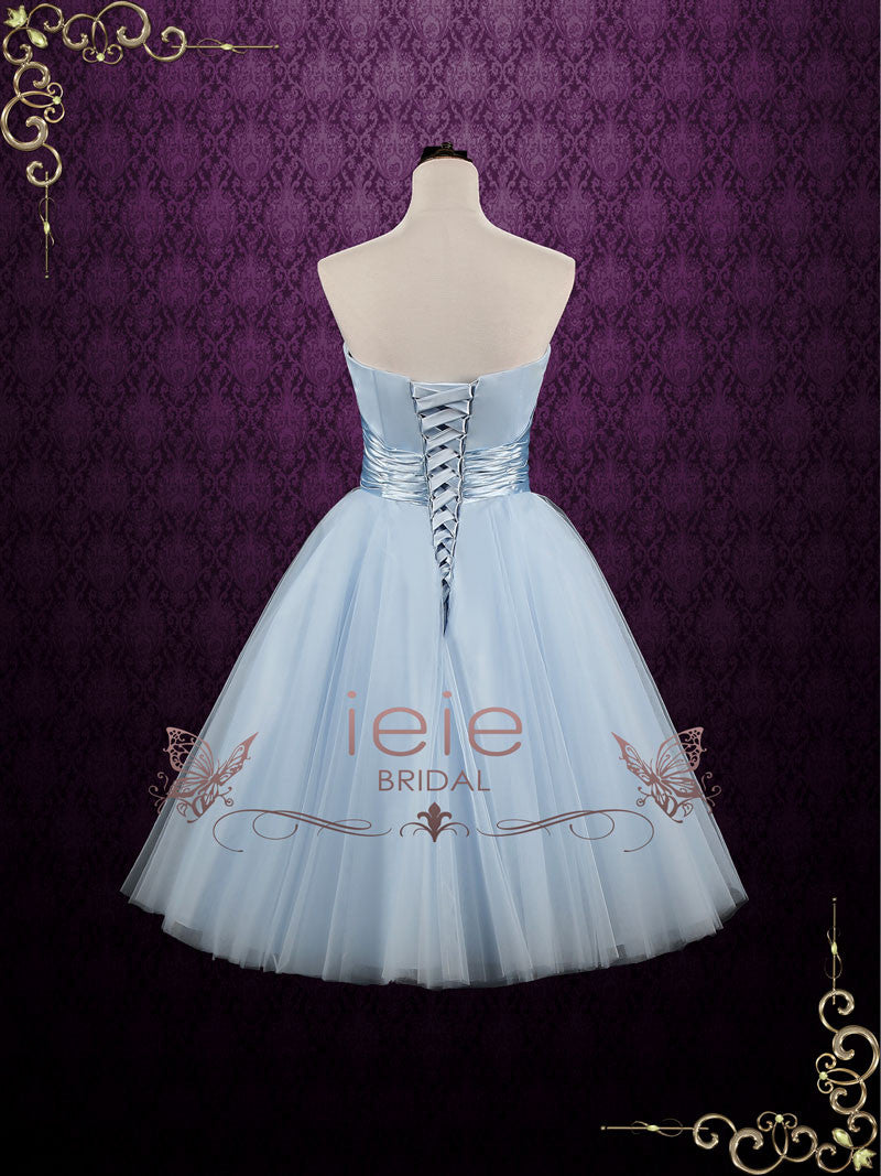 Retro Blue 50s Tea Length Strapless Tulle Prom Formal Dress