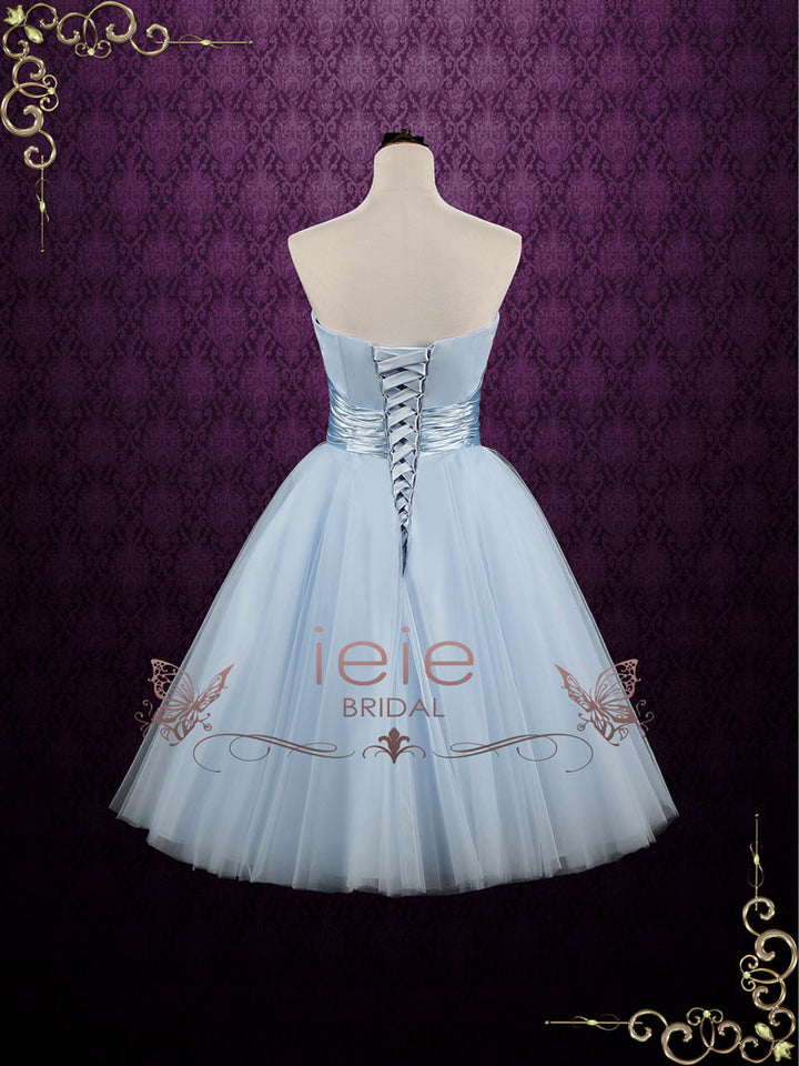 Retro Blue 50s Tea Length Strapless Tulle Prom Formal Dress | Emmie