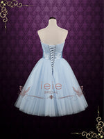 Retro Blue 50s Tea Length Strapless Tulle Prom Formal Dress | Emmie