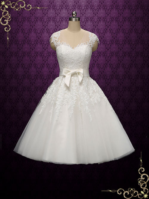 White Vintage Tea Length Lace Wedding Dress KLARA