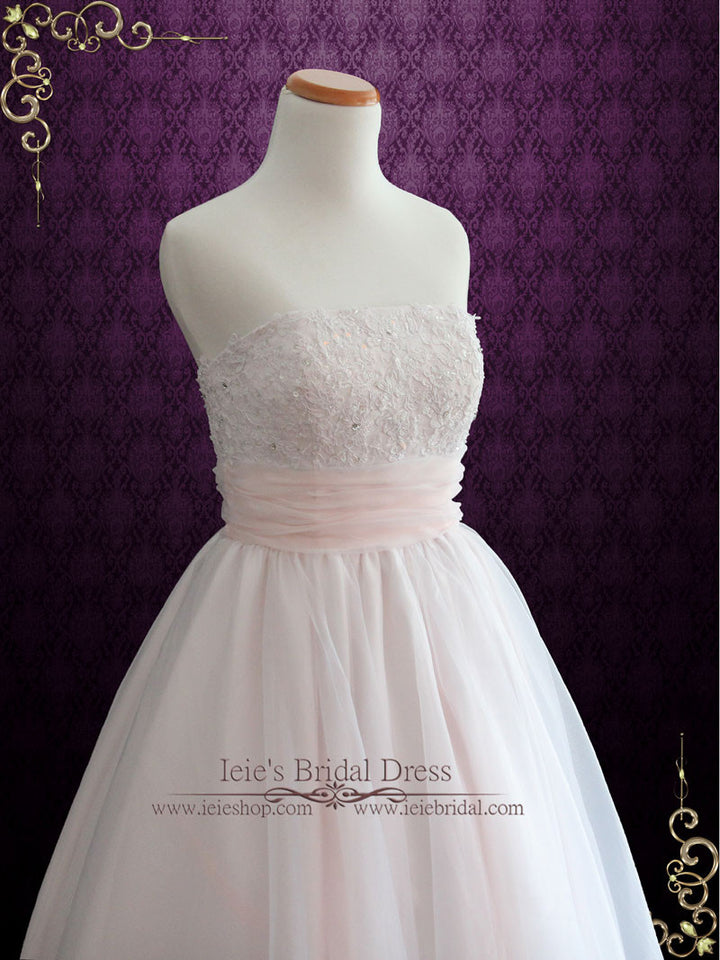 Retro 50s Blush Pink Strapless Tea Length Lace Wedding Dress