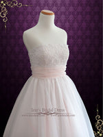Retro 50s Blush Pink Strapless Tea Length Lace Wedding Dress | Susanah