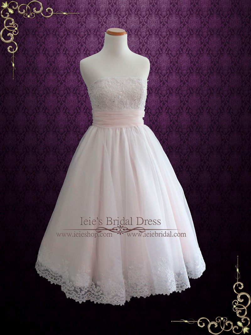 Retro 50s Blush Pink Strapless Tea Length Lace Wedding Dress | Susanah