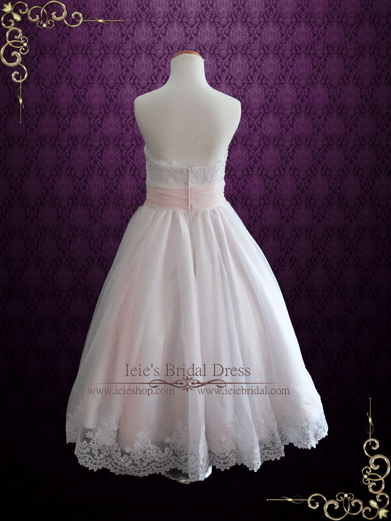 Retro 50s Blush Pink Strapless Tea Length Lace Wedding Dress | Susanah