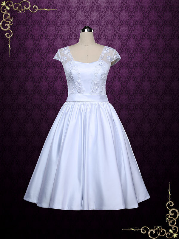 Retro Tea Length Wedding Dress with Lace Cap Sleeves | ABBIE