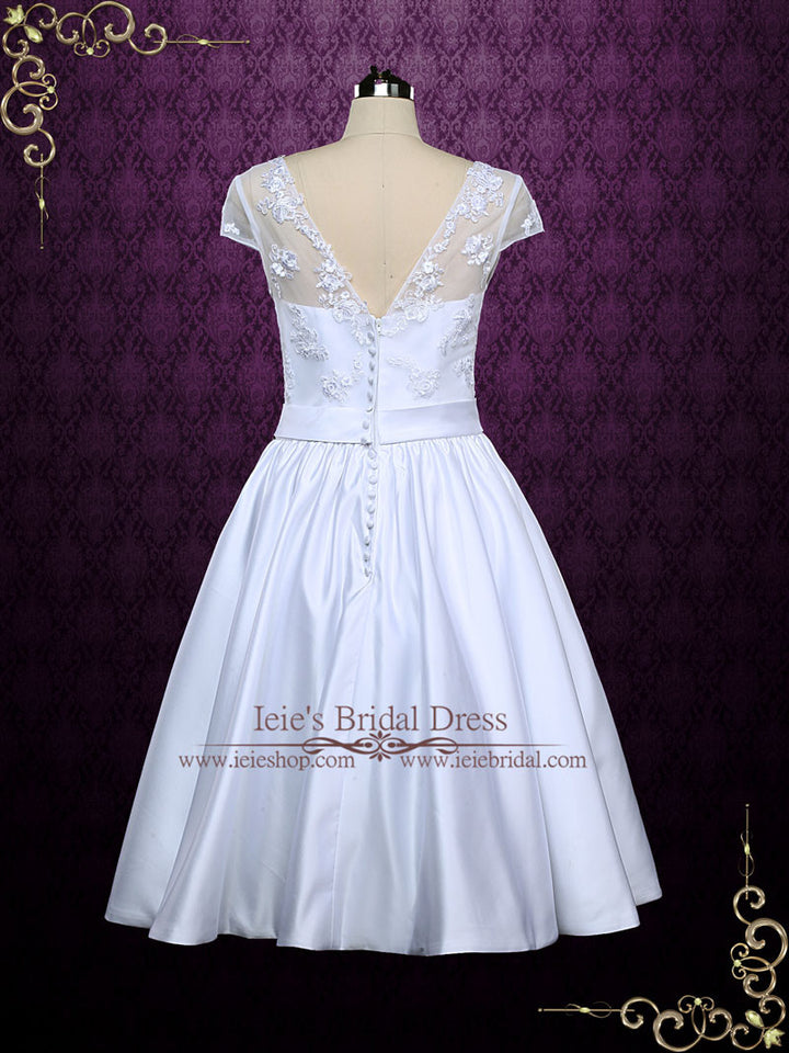 Retro Tea Length Wedding Dress with Lace Cap Sleeves | ABBIE