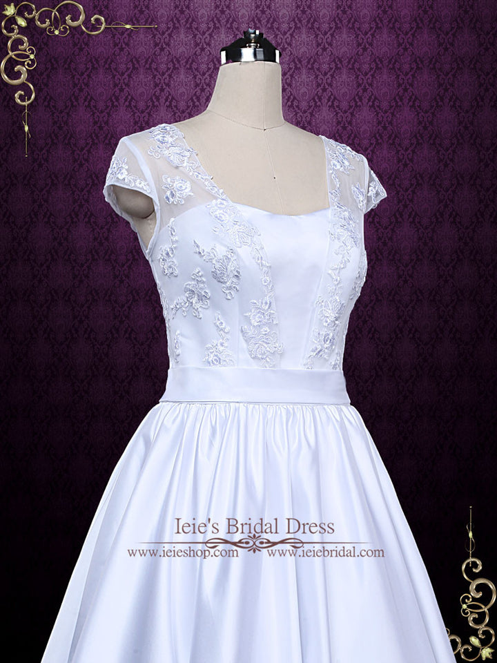 Retro Tea Length Wedding Dress with Lace Cap Sleeves | ABBIE