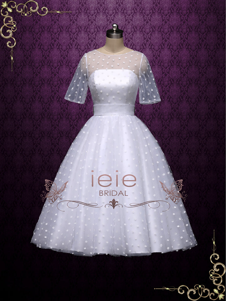 Retro Tea Length Wedding Dress with Polka Dot Bridget Size 22w / White Retro Tea Length Wedding Dress with Polka Dot Bridget Size 22w / White