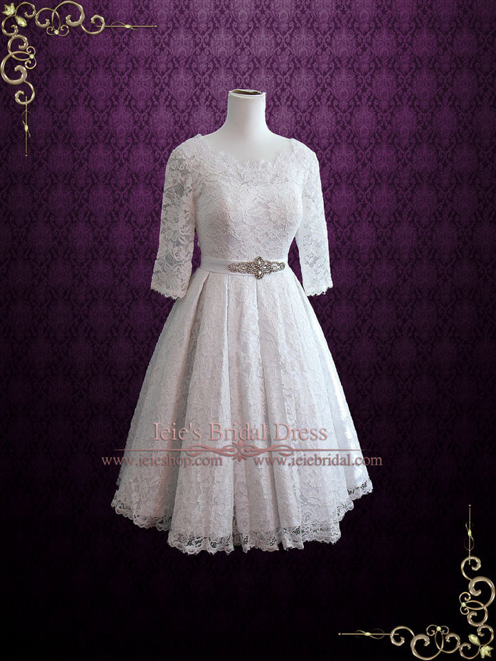 Vintage Tea Length Pleated Lace Wedding Dress with Sleeves | Christina