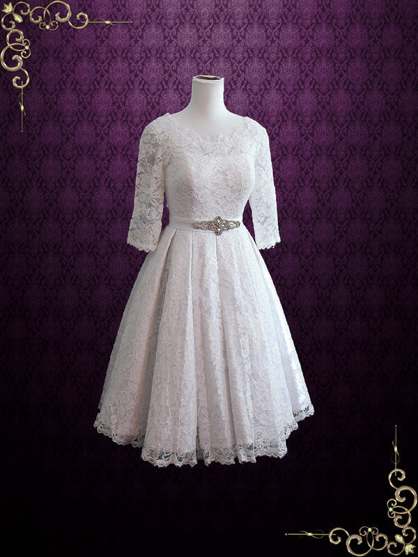 Vintage Tea Length Pleated Lace Wedding Dress with Sleeves | Christina