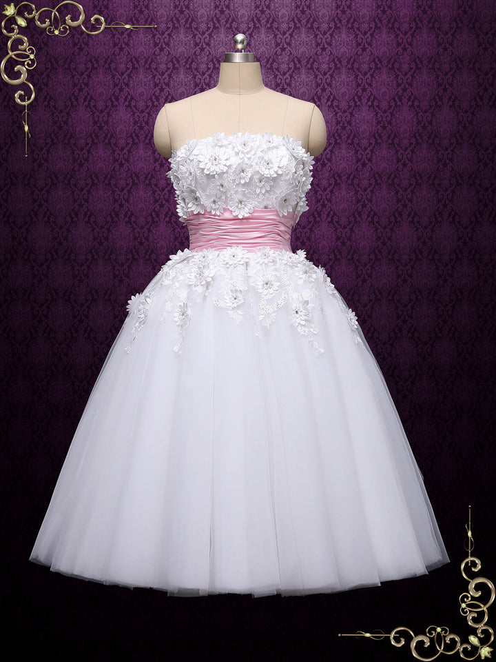 Retro Strapless Tea Length Wedding Dress with Daisy Flowers LYDIA