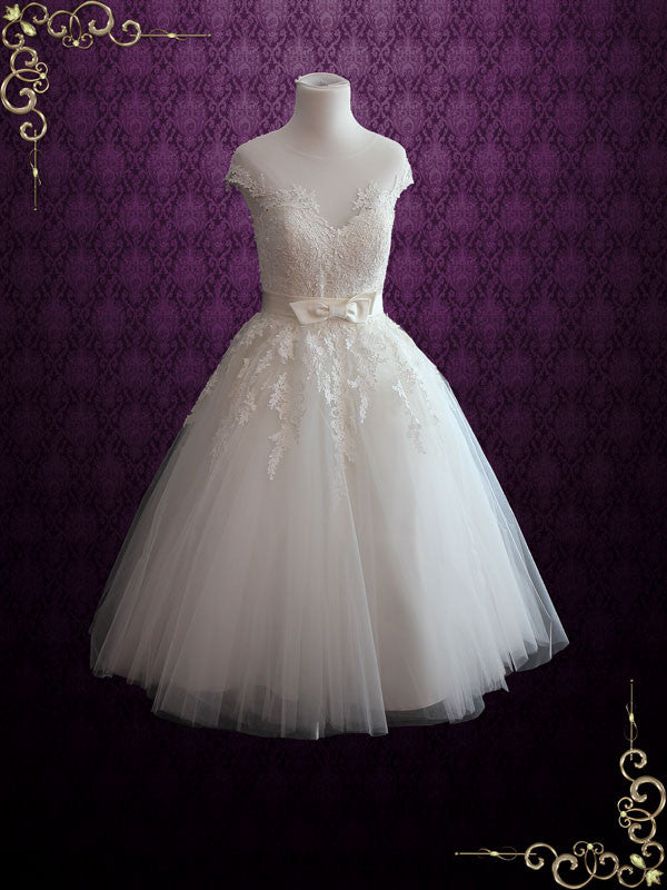 Ivory Retro Tea Length Wedding Dress with Illusion Neckline ROSALIE