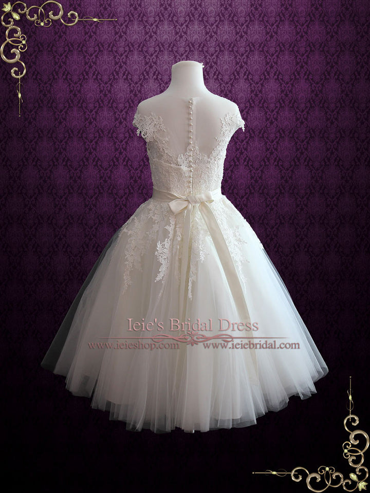 Ivory Retro Tea Length Wedding Dress with Illusion Neckline ROSALIE Size 30W / Other Ivory Retro Tea Length Wedding Dress with Illusion Neckline ROSALIE Size 30W / Other