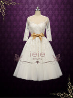 Vintage Style Lace Tea Length Wedding Dress with Gold Accents | PAULA