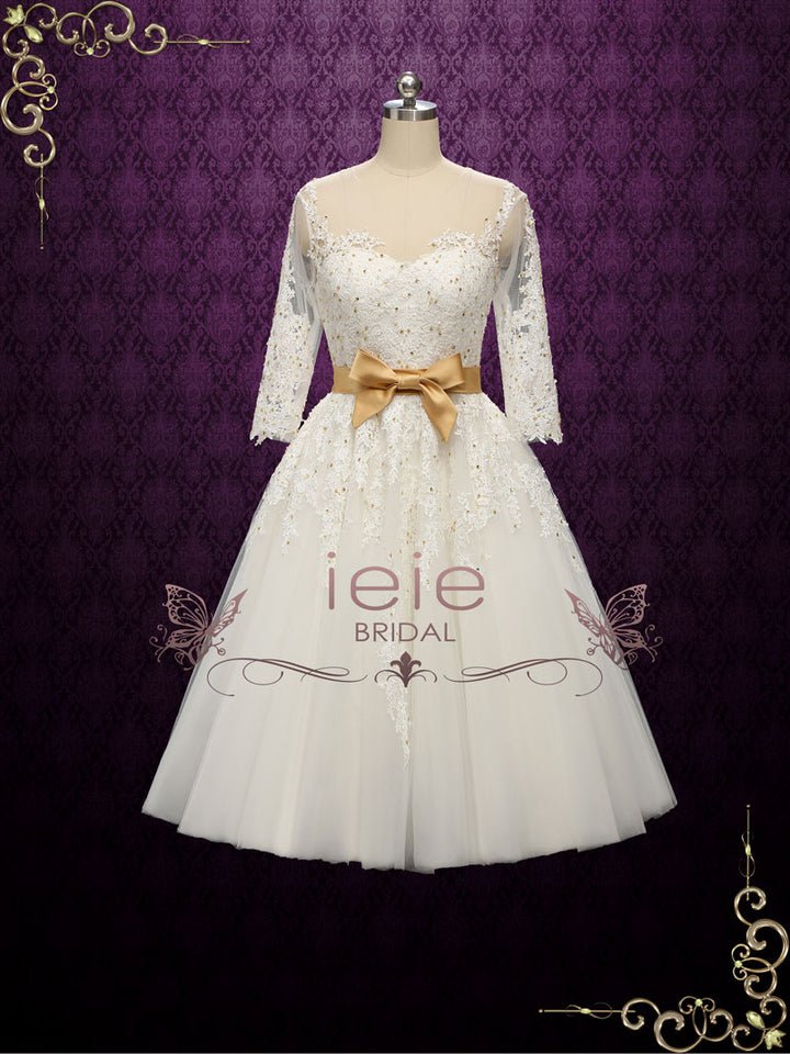 Vintage Style Lace Tea Length Wedding Dress with Gold Accents | PAULA