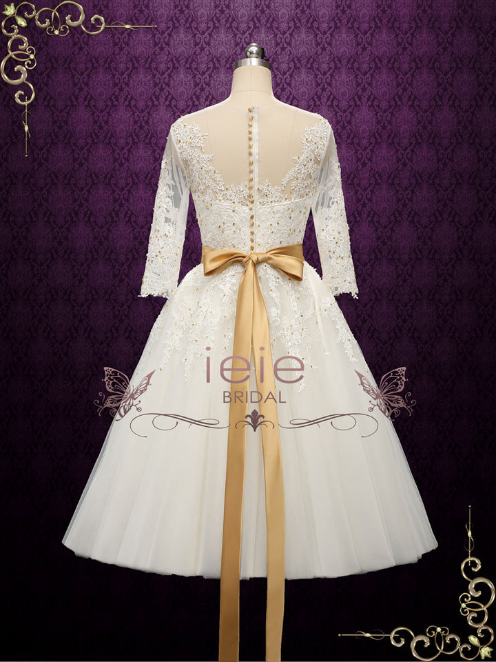 Vintage Style Lace Tea Length Wedding Dress with Gold Accents | PAULA
