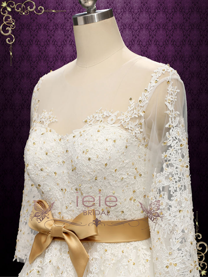 Vintage Style Lace Tea Length Wedding Dress with Gold Accents | PAULA
