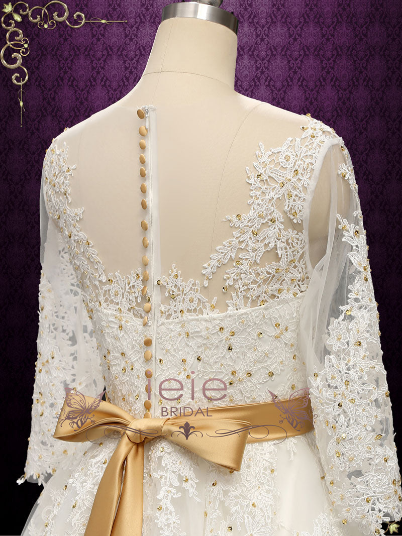 gold tea length wedding dress Isabella Satin Wedding Dress in Gold Sequin Willow Lace - 1950s Tea Length Wedding Dress