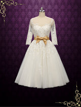 Vintage Style Lace Tea Length Wedding Dress with Gold Accents | PAULA