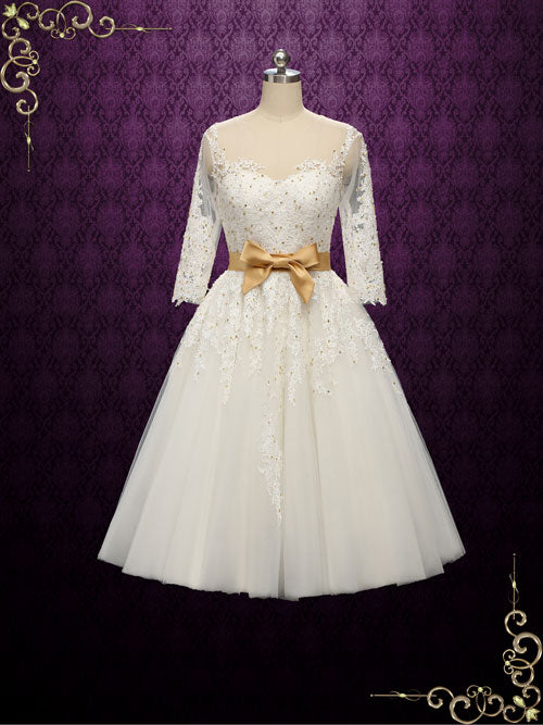 Vintage Style Lace Tea Length Wedding Dress with Gold Accents | Paula