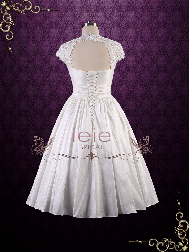 Retro Tea Length Wedding Dress with Lace Cap Sleeves and Keyhole Back | Jodie