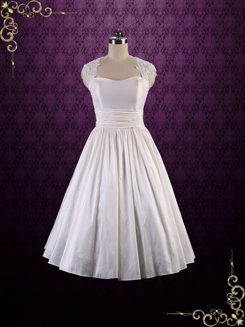 Retro Tea Length Wedding Dress with Lace Cap Sleeves and Keyhole Back | Jodie Size 8 / Ivory Retro Tea Length Wedding Dress with Lace Cap Sleeves and Keyhole Back | Jodie Size 8 / Ivory
