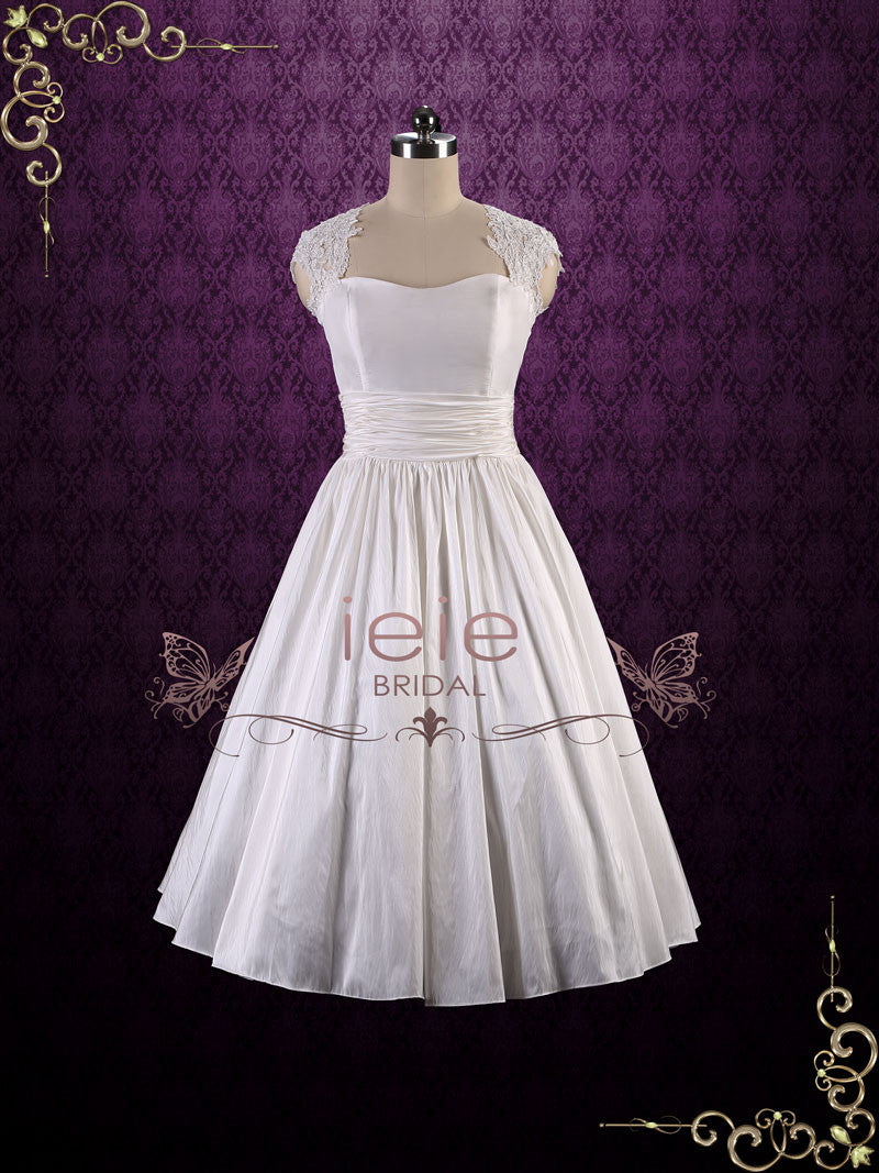 Retro Tea Length Wedding Dress with Lace Cap Sleeves and Keyhole Back | Jodie
