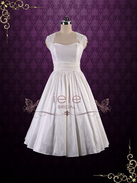 Retro Tea Length Wedding Dress with Lace Cap Sleeves and Keyhole Back ...