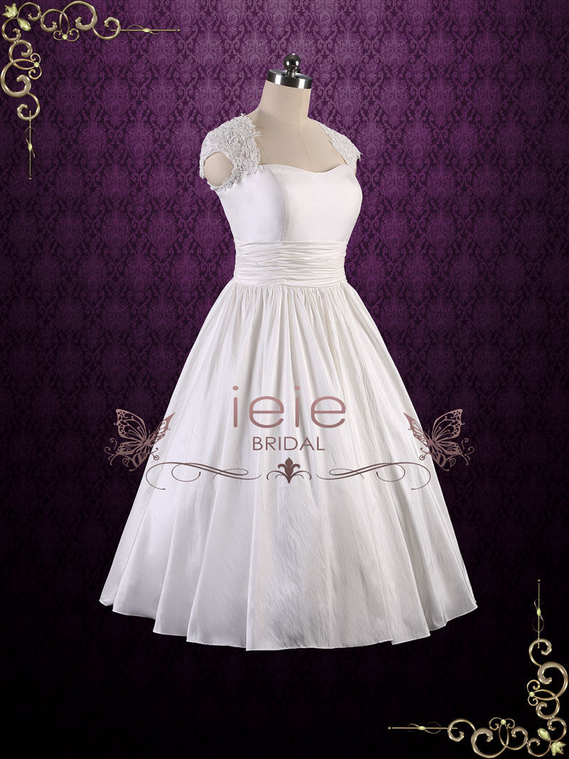 Retro Tea Length Wedding Dress with Lace Cap Sleeves and Keyhole Back | Jodie