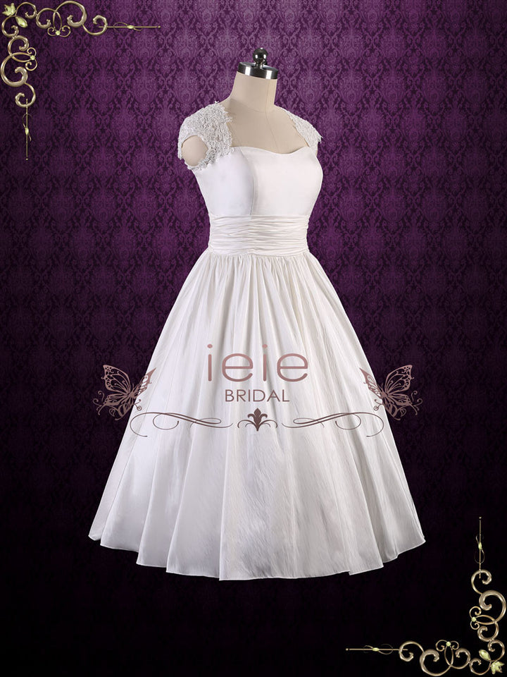 Retro Tea Length Wedding Dress with Lace Cap Sleeves and Keyhole Back ...