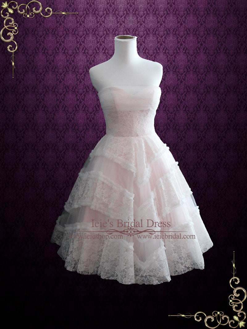 Blush Pink Retro Style Tea Length Strapless  Formal Dress | Fable