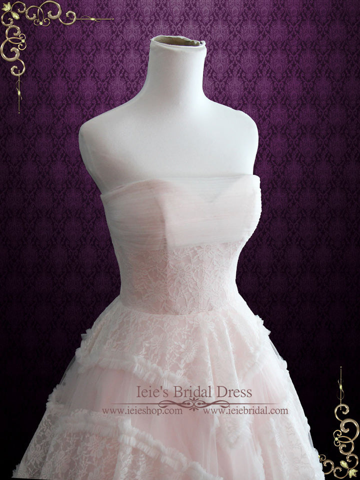 Blush Pink Retro Style Tea Length Strapless  Formal Dress | Fable