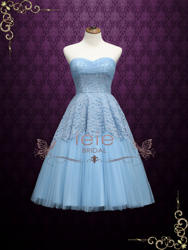 Retro 50s Tea Length Strapless Prom Dress GABBY Custom Size / Blue Retro 50s Tea Length Strapless Prom Dress GABBY Custom Size / Blue