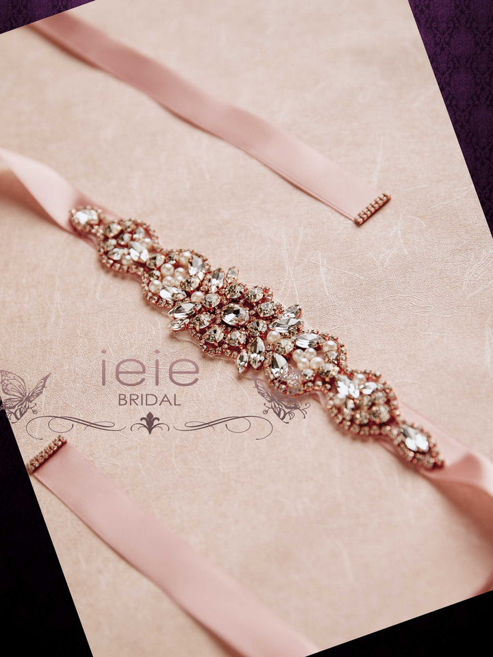 Rose Gold Crystal Rhinestone Tie On Sash for Wedding Dress BT2014