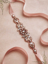 Rose Gold Crystal Rhinestone Tie On Sash for Wedding Dresses BT2014
