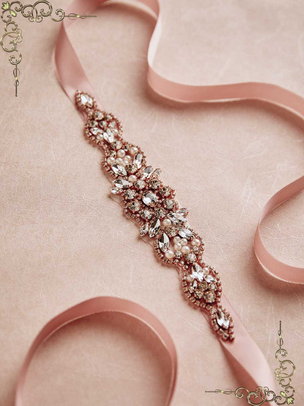 Rose Gold Crystal Rhinestone Tie On Sash for Wedding Dress BT2014