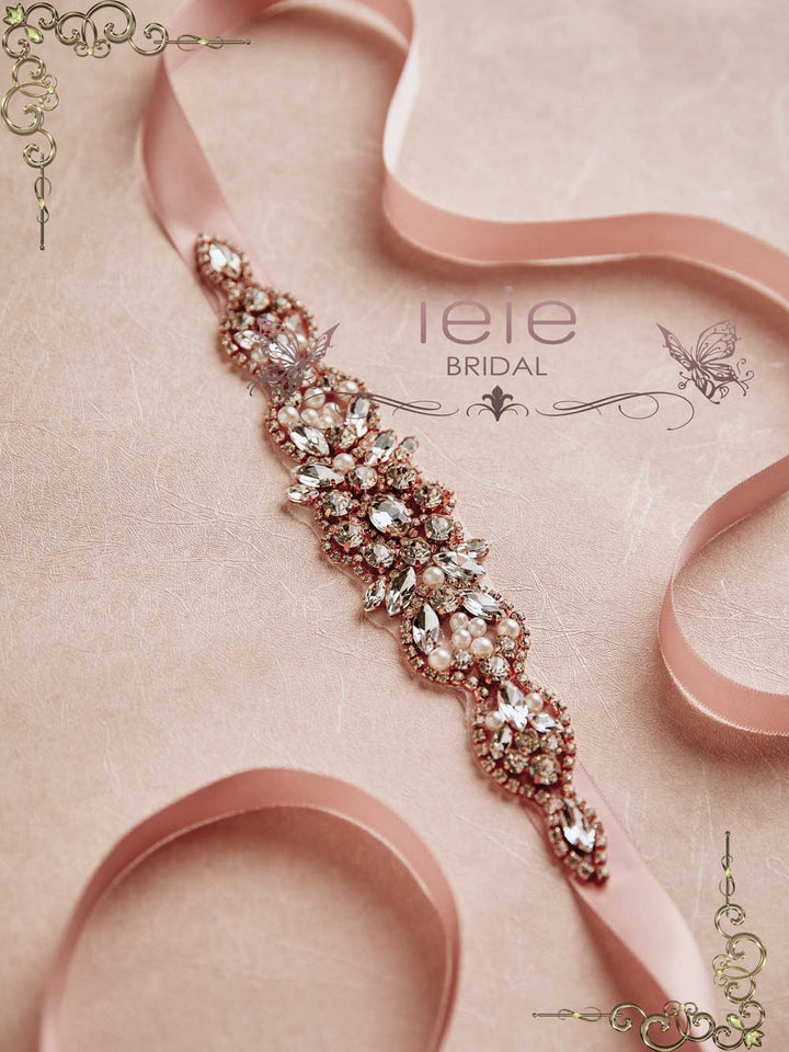 Rose Gold Crystal Rhinestone Tie On Sash for Wedding Dress BT2014